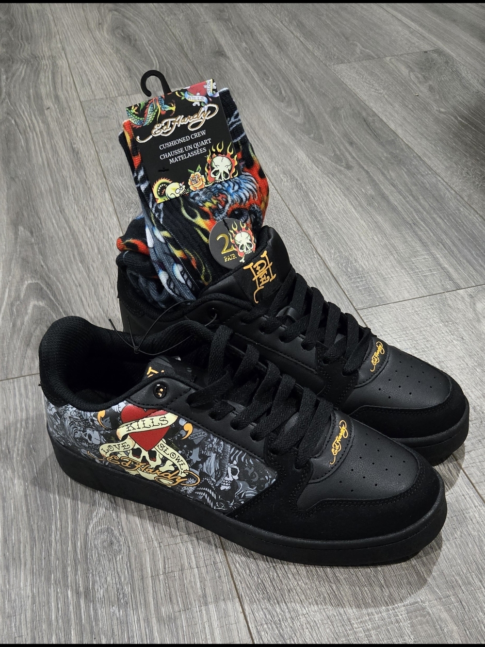 Ed Hardy Black Low-Top Sneakers with Multicolor Graphic Panels & Socks Combo#352 - Picture 2 of 10